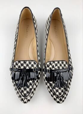 Talbots Flats Black White Houndstooth Calf Hair Tassel Fringe Shoes Women's 10